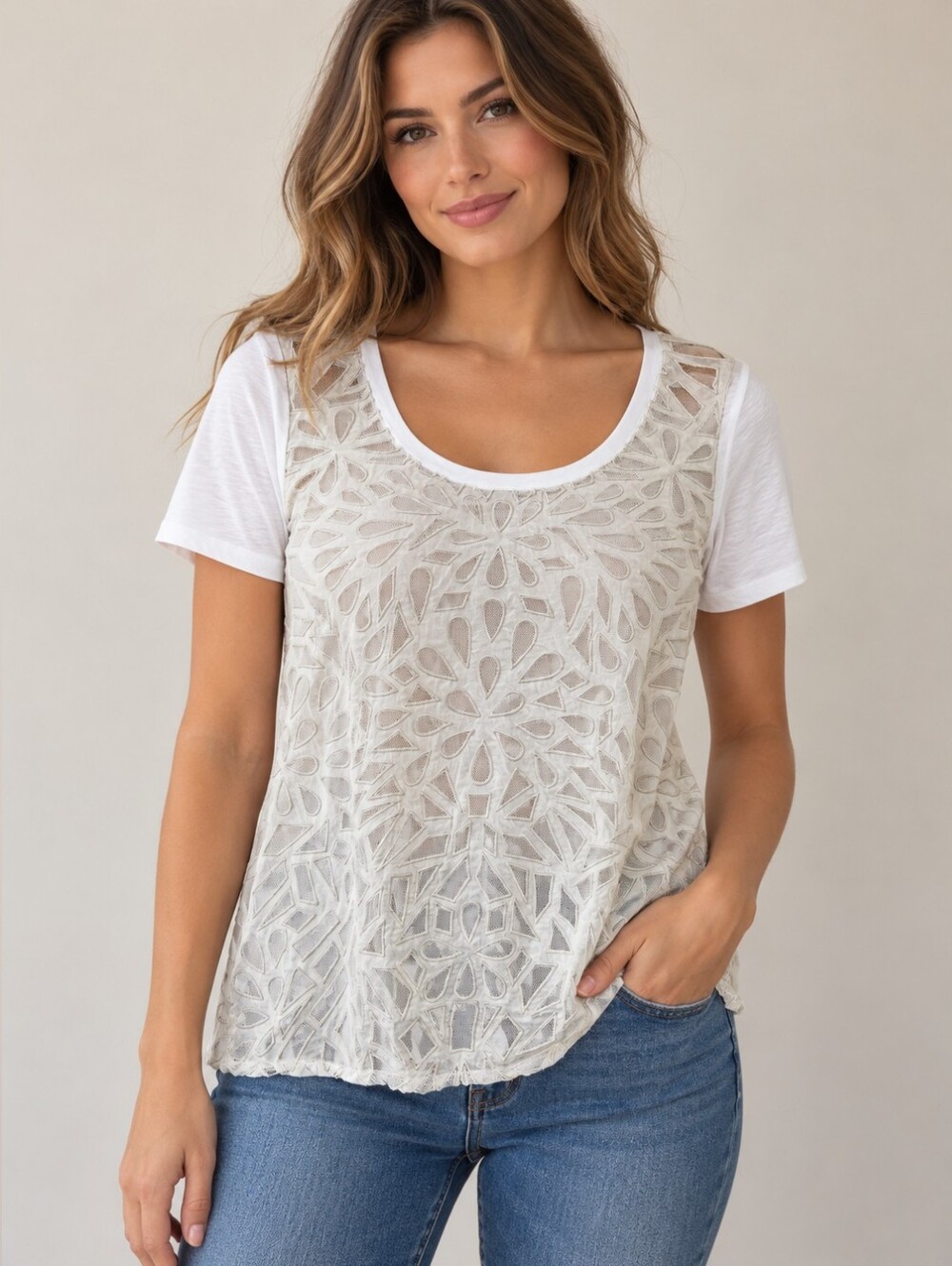 Babaton Aritzia White Embellished Short Sleeve Top